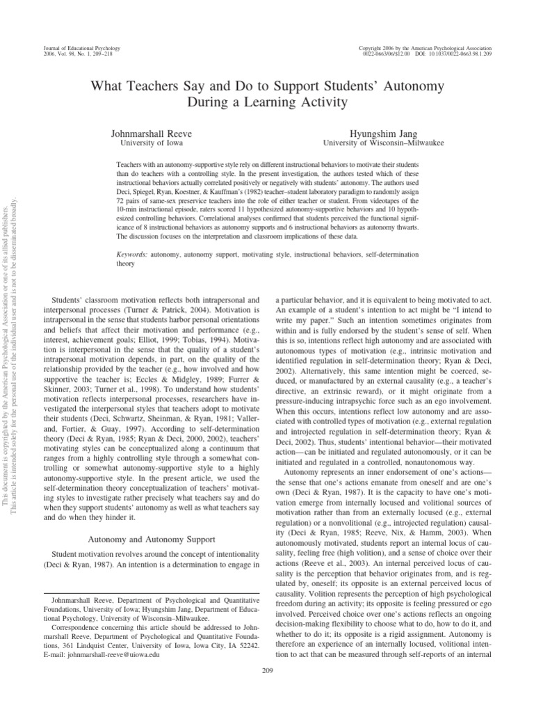 What do teachers say and do to support students autonomy during a