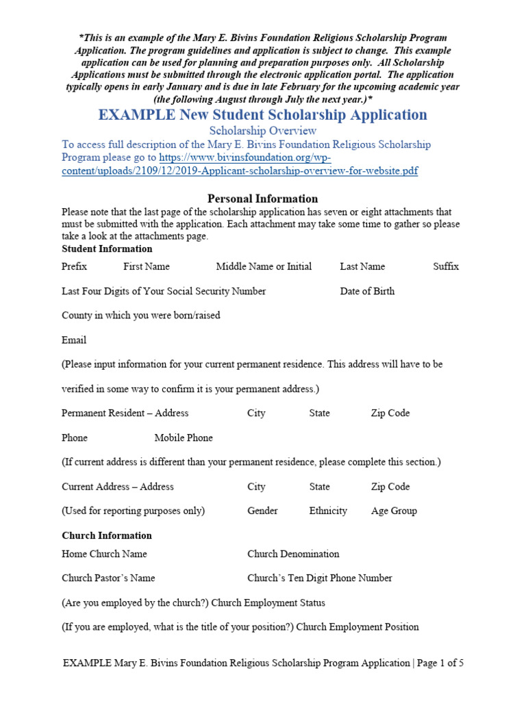 Mary E. Bivins Scholarship Application Example | PDF | College ...