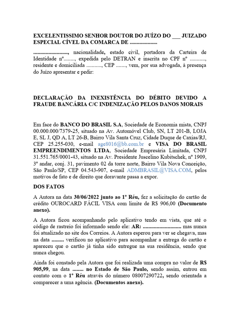 Declaracao Da Inexistencia de Debito Devido A Fraude Bancaria C C Danos ...
