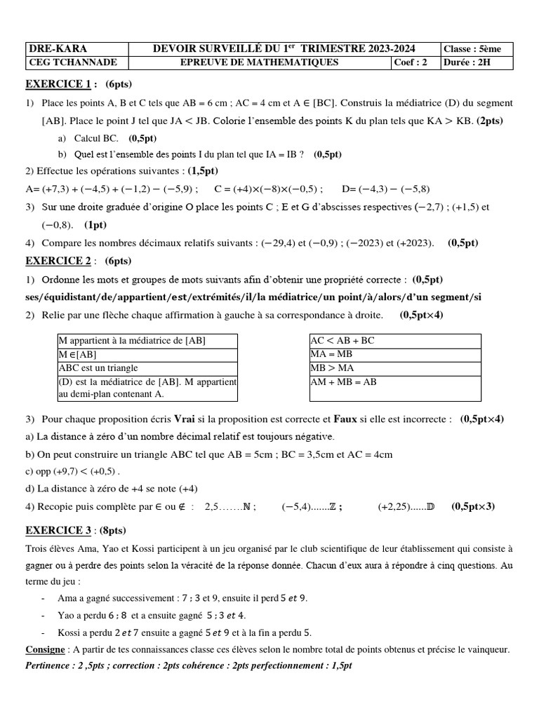Devoir de Mathématiques 5ème - Exercices et Évaluations | PDF ...