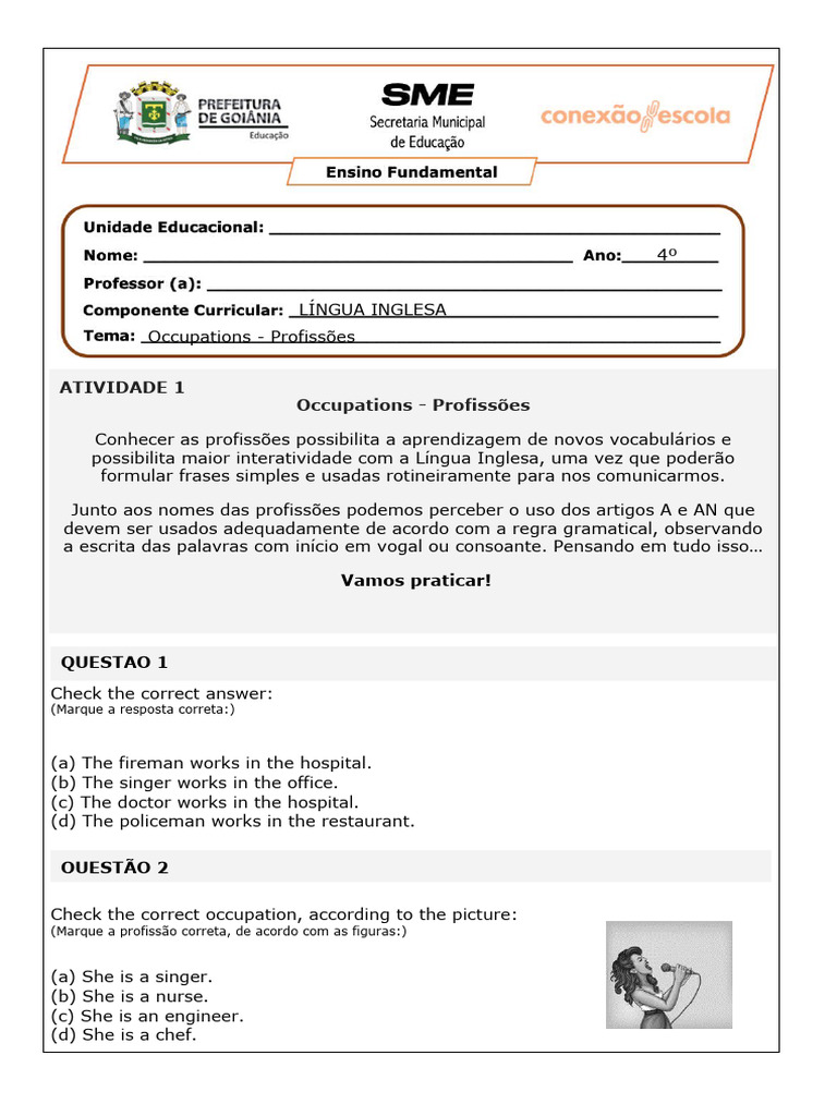 Atividades de Inglês: Profissões 4º Ano | PDF | Carreira e Crescimento ...