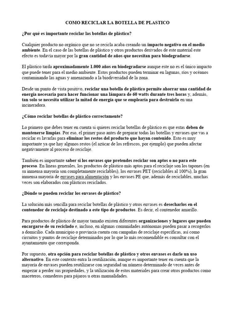 Cómo reciclar botellas de plástico | PDF | Reciclaje | El plastico