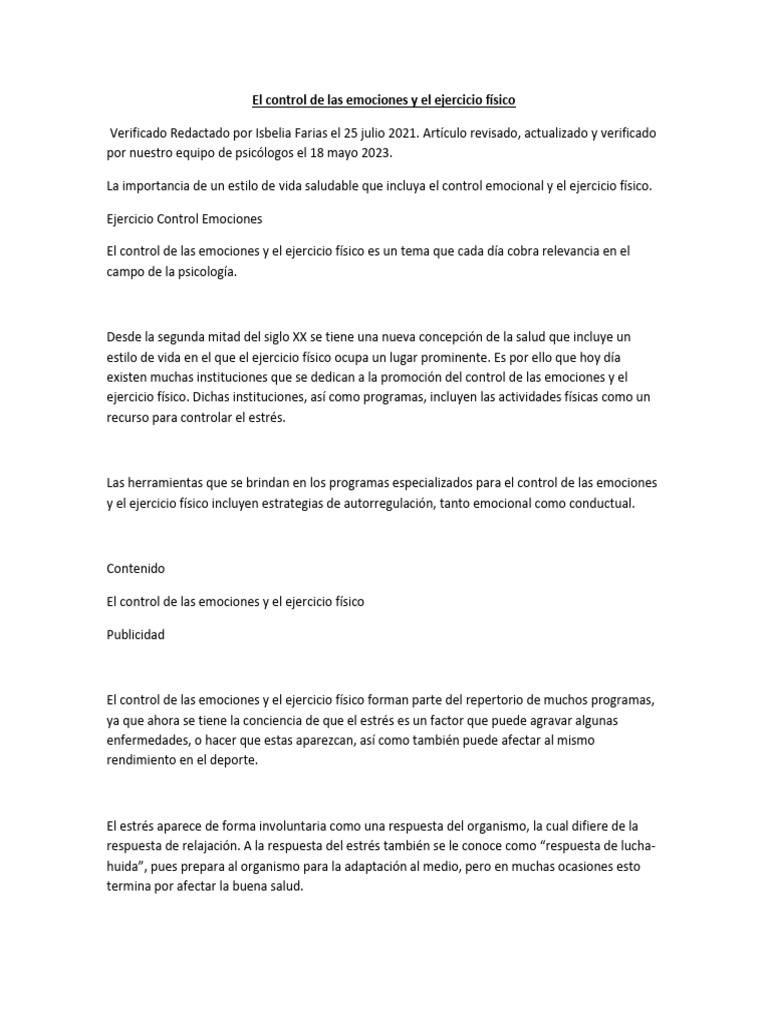 Emociones y Ejercicio: Clave Saludable | PDF | Las emociones | Estrés ...