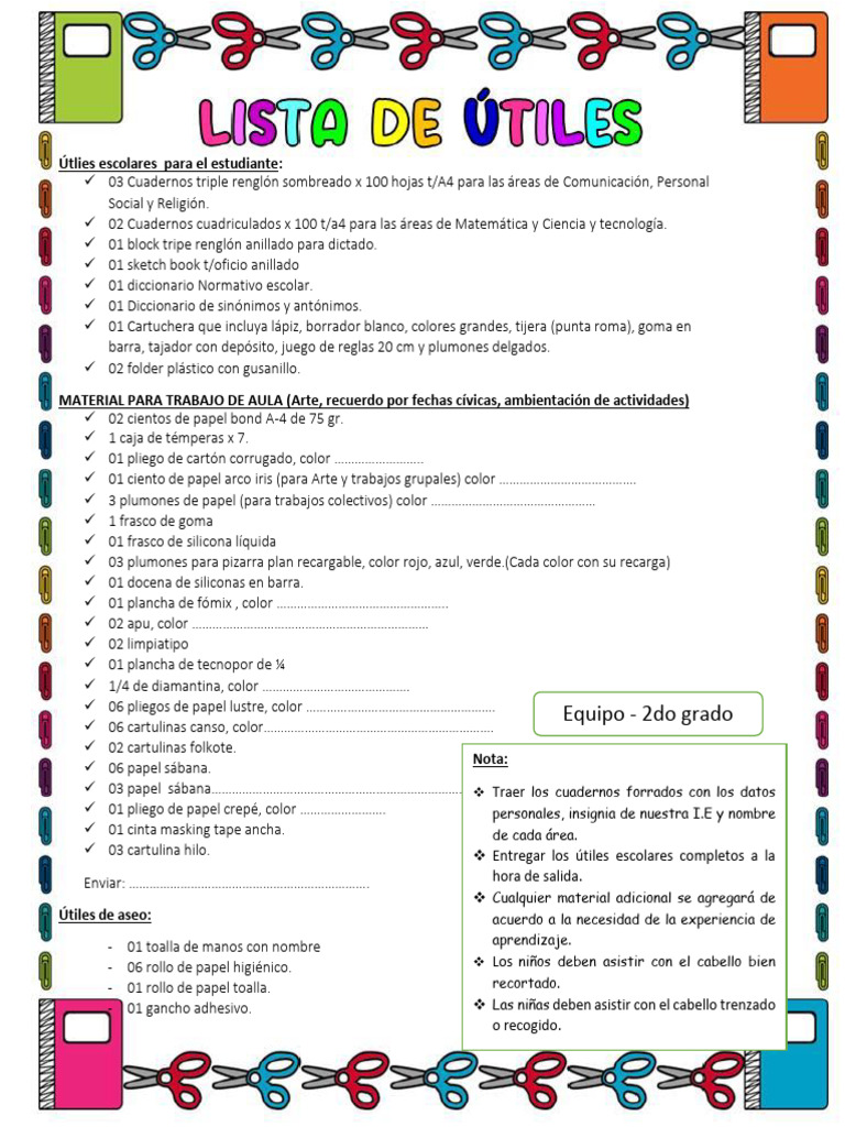 Lista de útiles escolares 2do grado | PDF | Materiales biodegradables ...