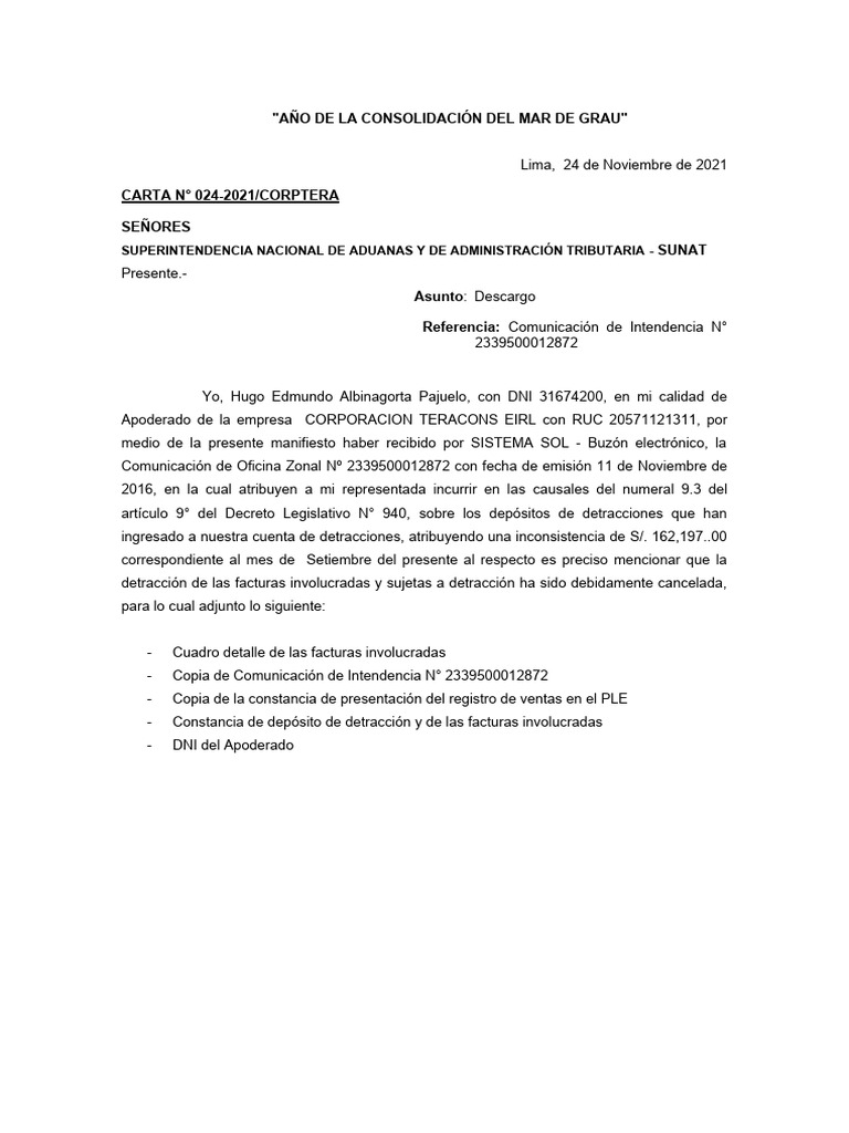 Modelo de carta para sunat pdf