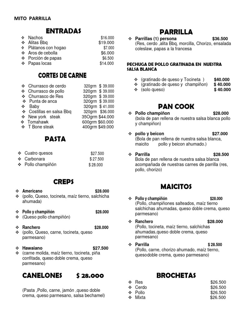 MENÚ Parrilla. | PDF | Tocino | Salchicha