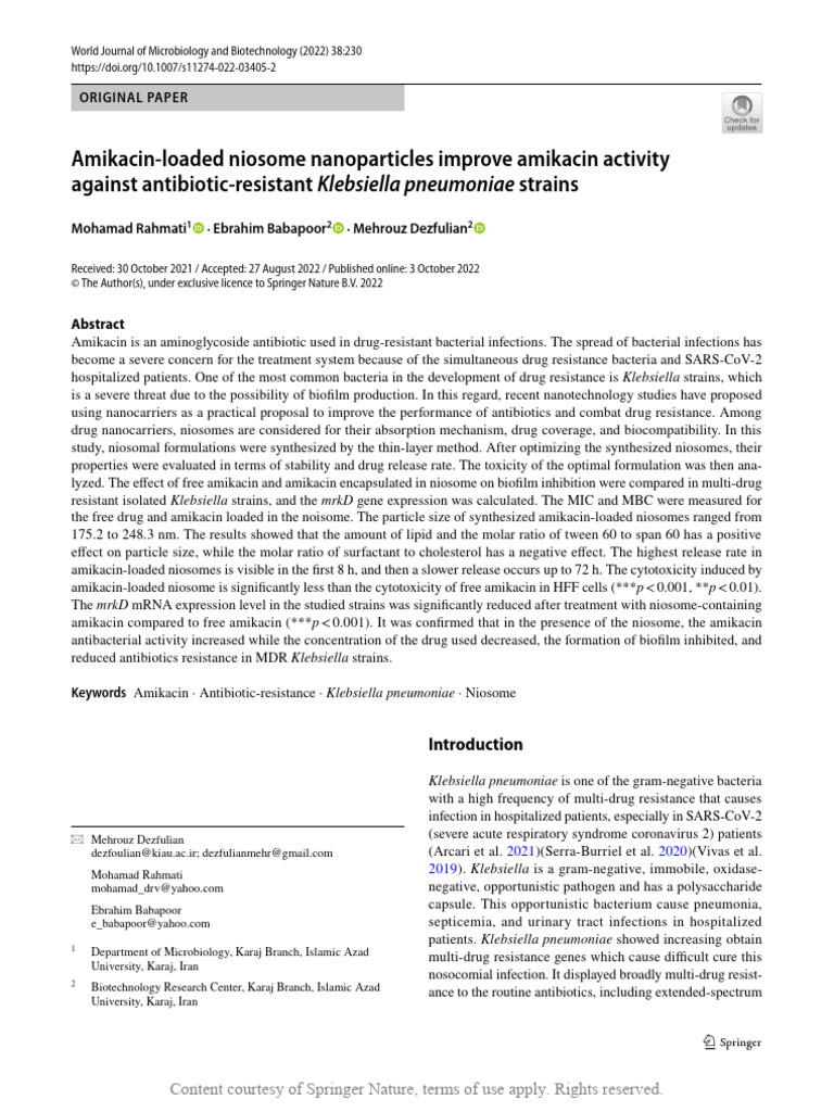 Amikacin loaded niosome nanoparticles improve amik pdf