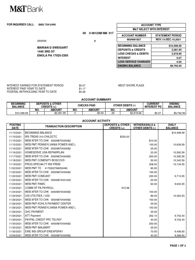 M&T Bank Statement Summary Nov-Dec 2021 | PDF | Debits And Credits ...