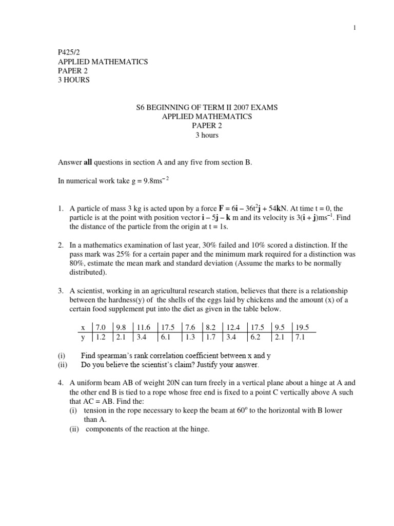Applied Mathematics Exam Paper 2007 | PDF