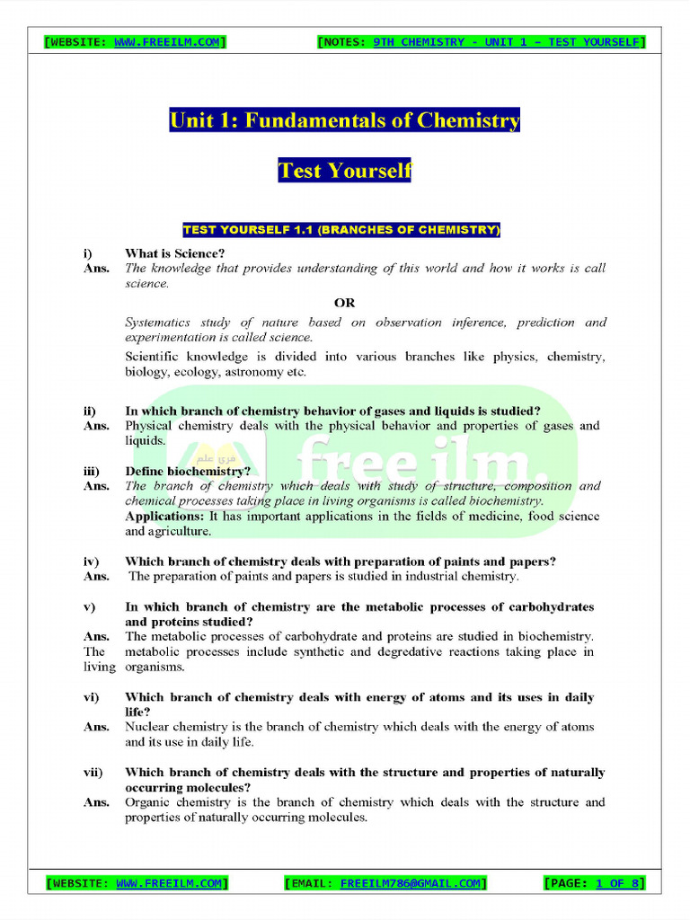 9th Chemistry Ch1 Test Yourself | PDF