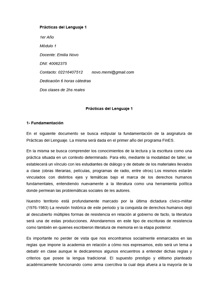 Prácticas del Lenguaje 1: Fundamentos y Objetivos | PDF