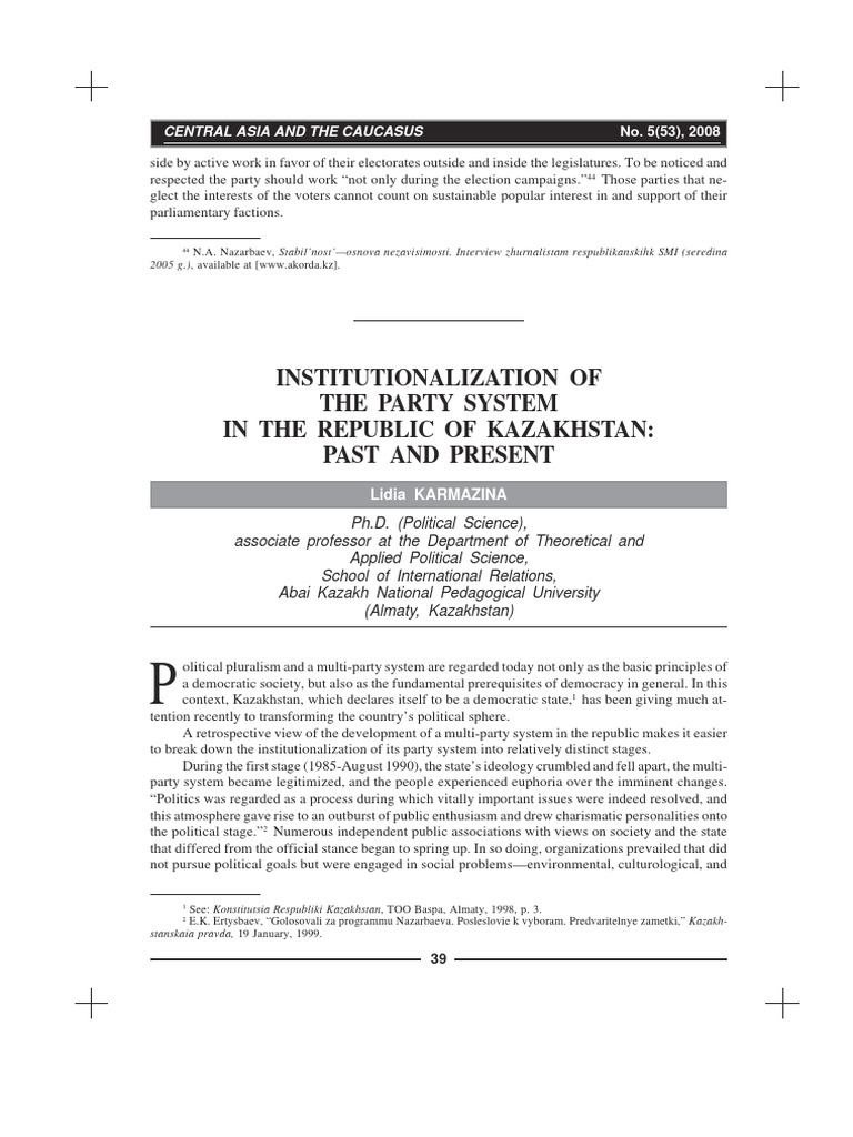 Institutionalization of The Party System in The Republic of Kazakhstan ...