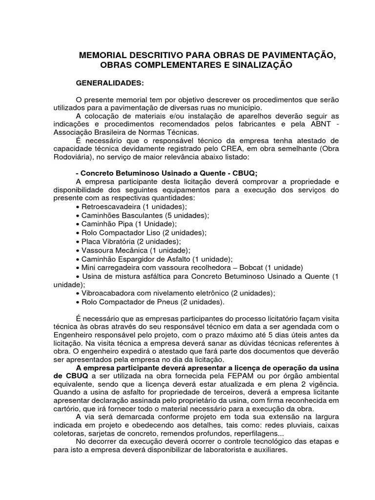 Memorial Descritivo para Obras de Pavimentação, Obras Complementares e ...