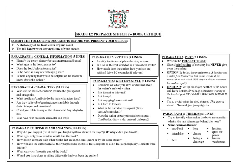 Grade 12 Book Critique Speech Guide | PDF