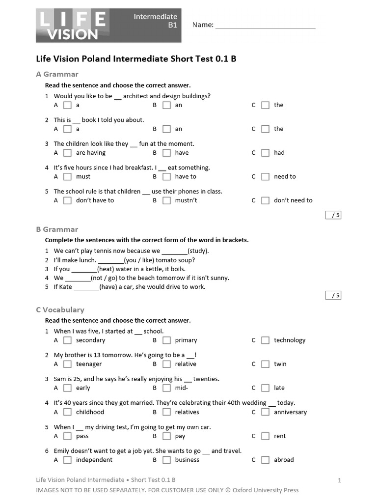Life Vision Intermediate Test 0.1 B | PDF
