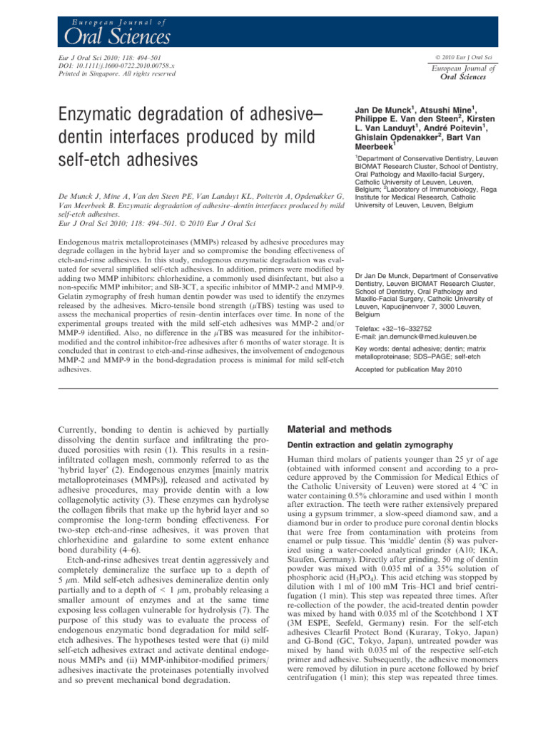 De Munck 2010 Enzymatic Degradation of AdhesiveDentin Interfaces
