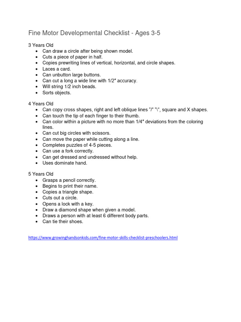 Fine Motor Developmental Checklist PDF