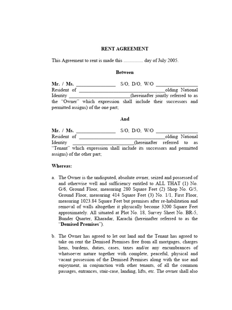 Rent Agreement Formate PDF Leasehold Estate Renting