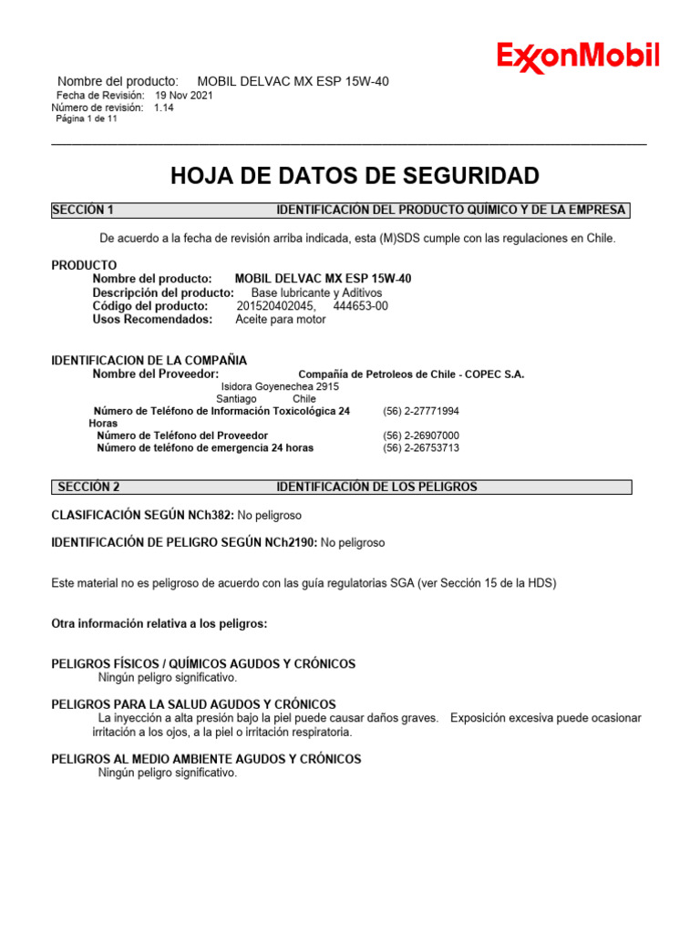 MSDS Mobil Delvac MX Esp 15W-40 | PDF | Descarga electrostática | Agua