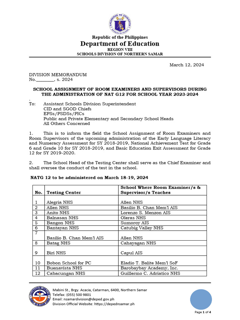 NAT G12 Room Examiner Assignments 2024 | PDF