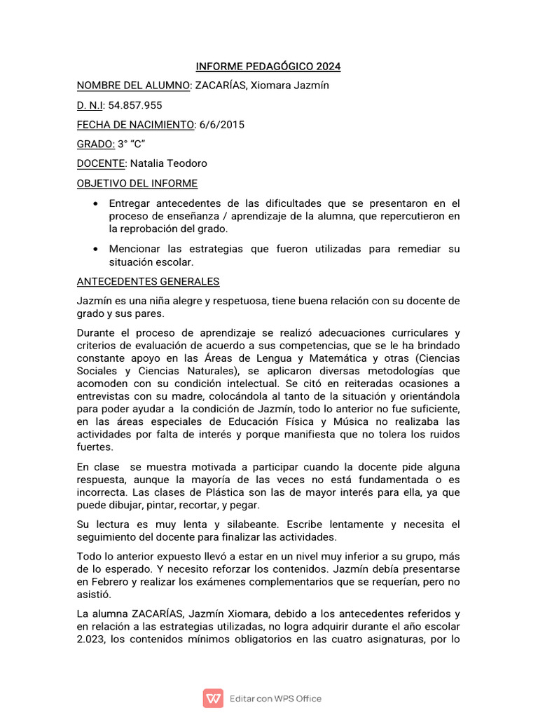 Informe Pedagógico de Jazmín 2024 | PDF