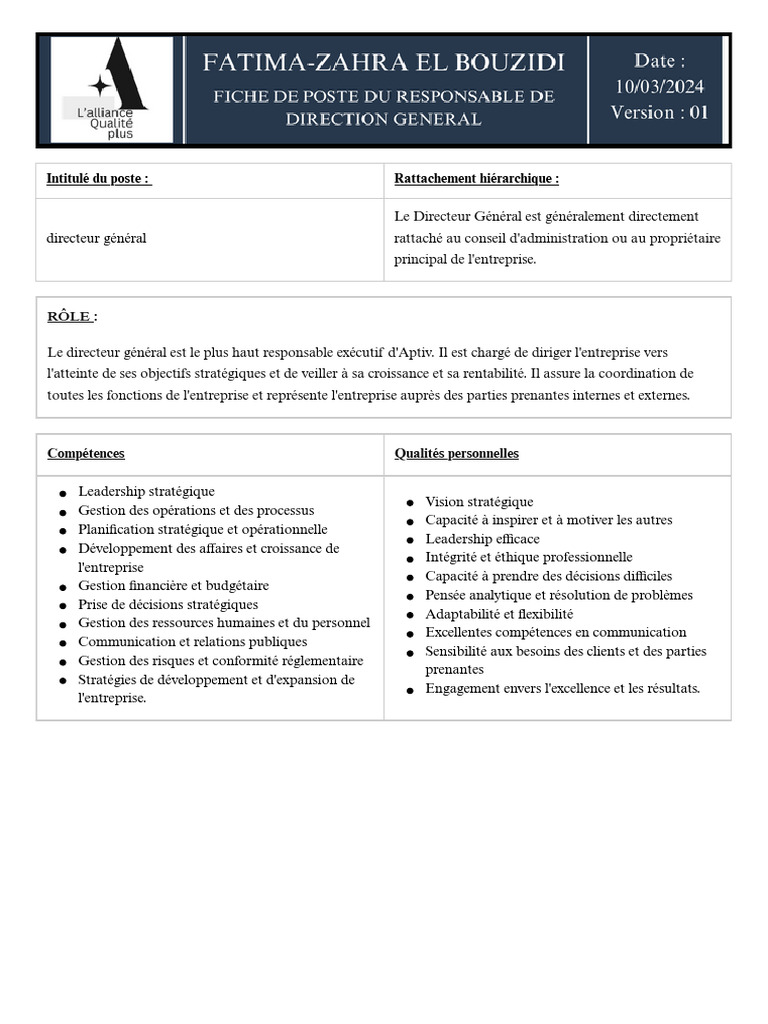 Fiche de poste : Directeur Général | PDF | Business | Gestion des ...