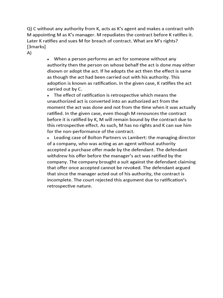 Legal Insights on Contract Ratification | PDF