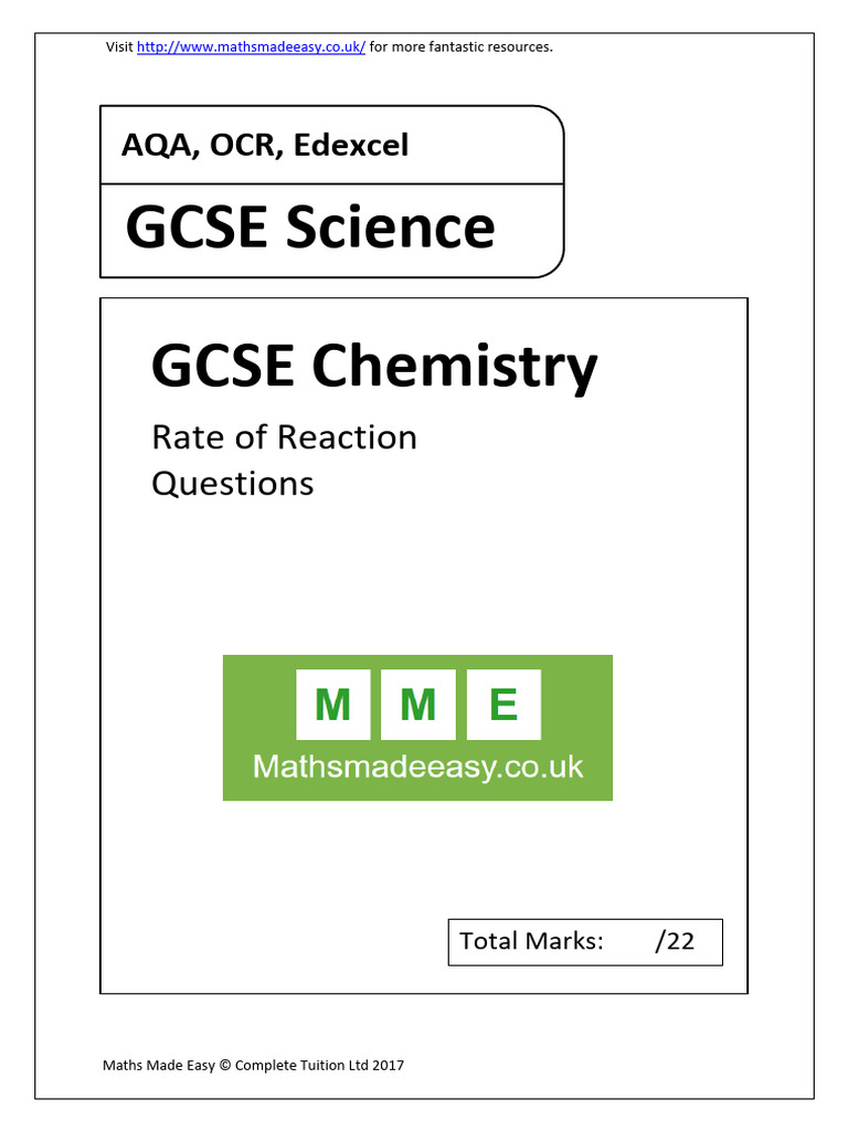 GCSE Chemistry. Rate of Reactions. AQA OCR Edexcel. Answers PDF