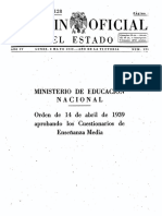 Ministerio de Educacion Nacional Orden de 14 de Abril de 1939 Aprobando Los Cuestionarios de Enseñanza Media