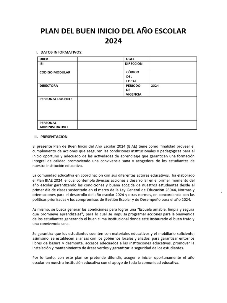 Plan Buen Inicio Del Año Escolar 2024 | PDF | Escuelas | Educación primaria