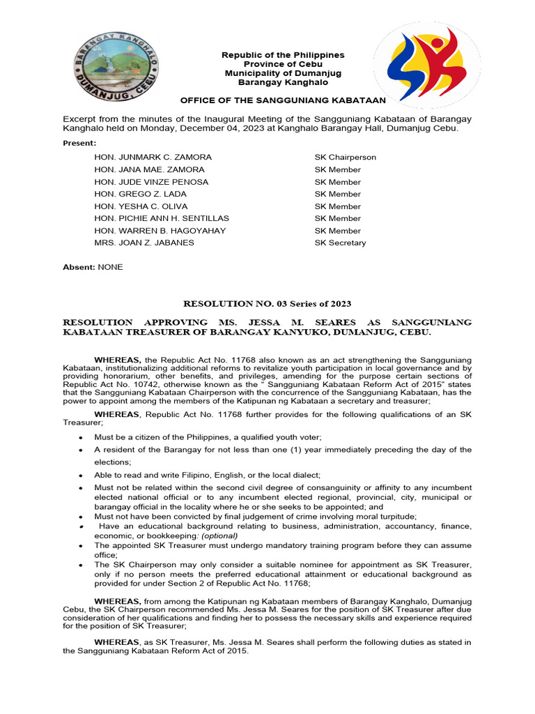 Reolution # 03 SK Treasurer Kanghalo | PDF | Government