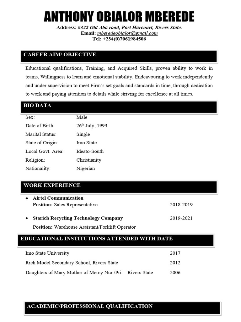 Anthony Mberede Resume Overview | PDF