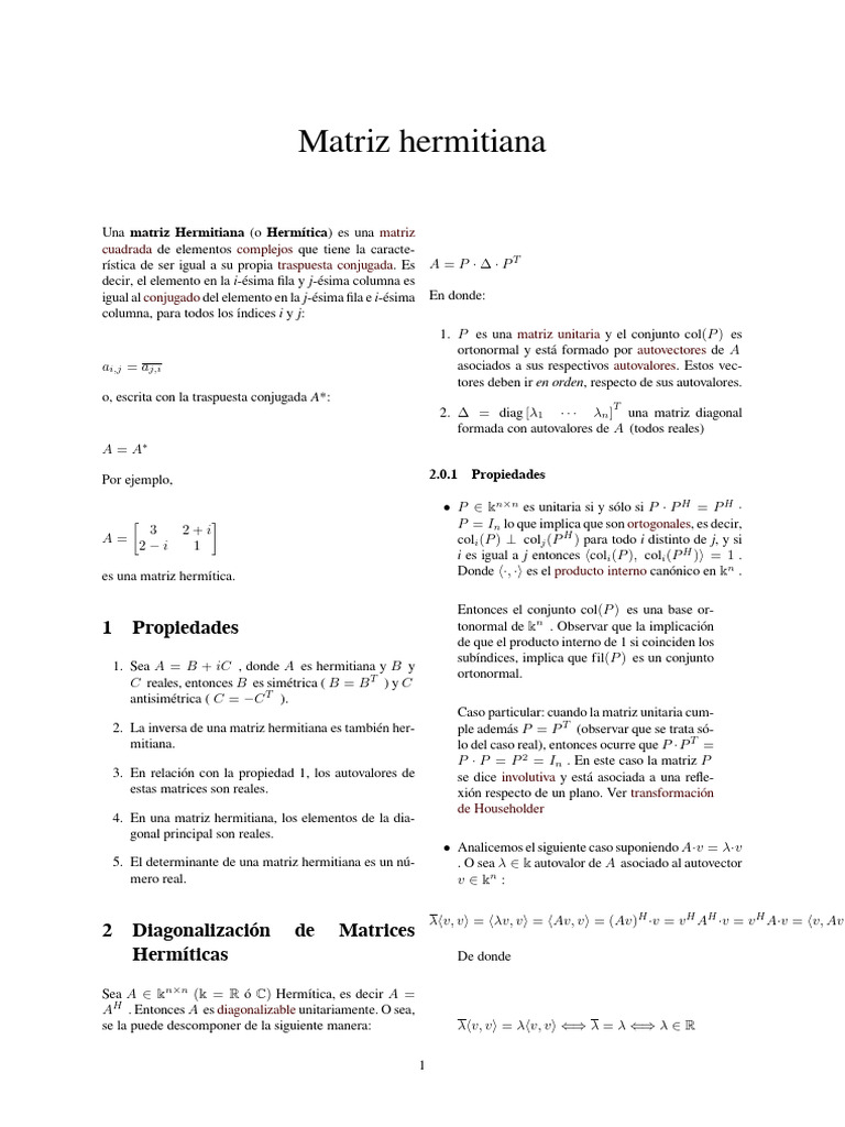 Introducción a Matrices Hermitianas | PDF | Valores propios y vectores ...