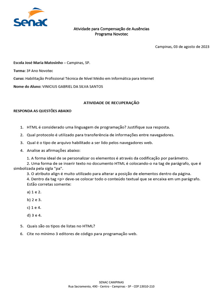 Atividades de Recuperação em HTML e CSS | PDF | Html | Rede mundial de ...