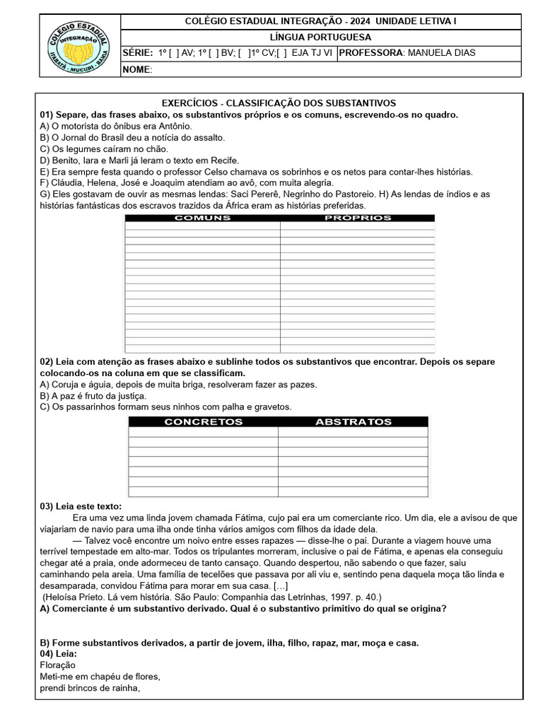 Lista 1 Exercícios - Classificação Dos Substantivos Eja | PDF