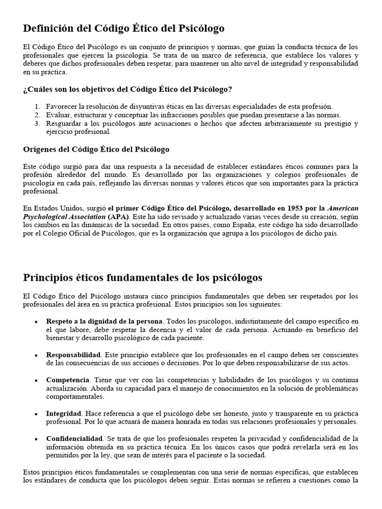 Definición del Código Ético del Psicólogo | PDF | Sicología | Psicólogo