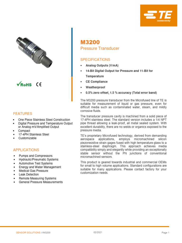 M3200 Pressure Transducer Overview | PDF | Pressure Measurement | Pressure