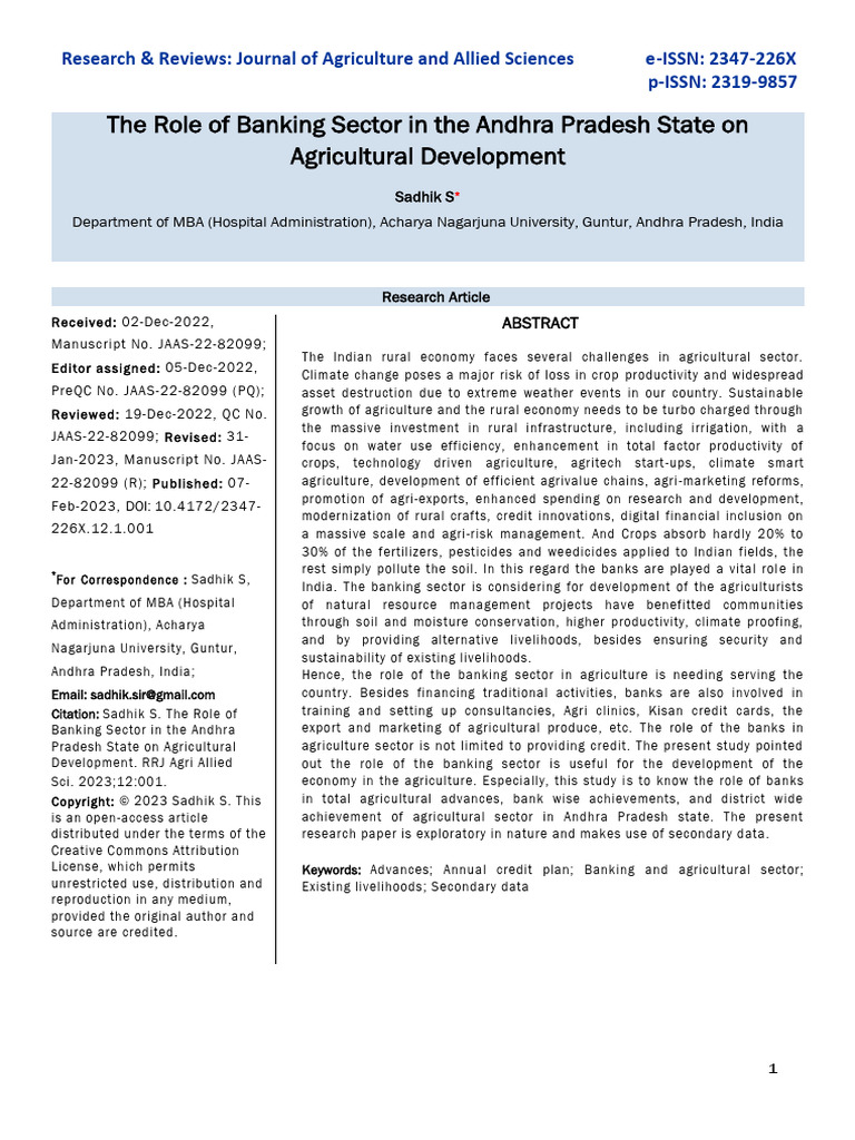 The Role of Banking Sector in The Andhra Pradesh State On Agricultural ...
