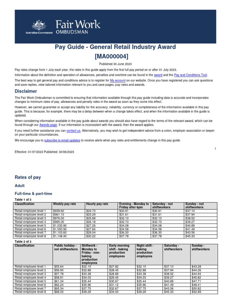 Pay Guide General Retail Industry Award (MA000004) Disclaimer PDF Overtime Shift Work