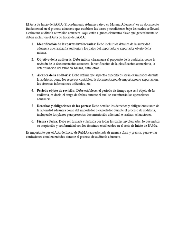 Acta de Inicio de PAMA en Aduanas | PDF