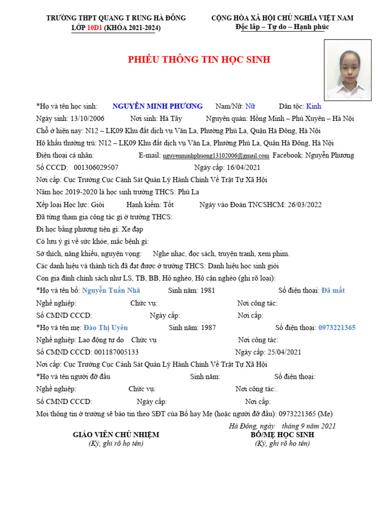 2021-2022. Phieu Thong tin học sinh | PDF