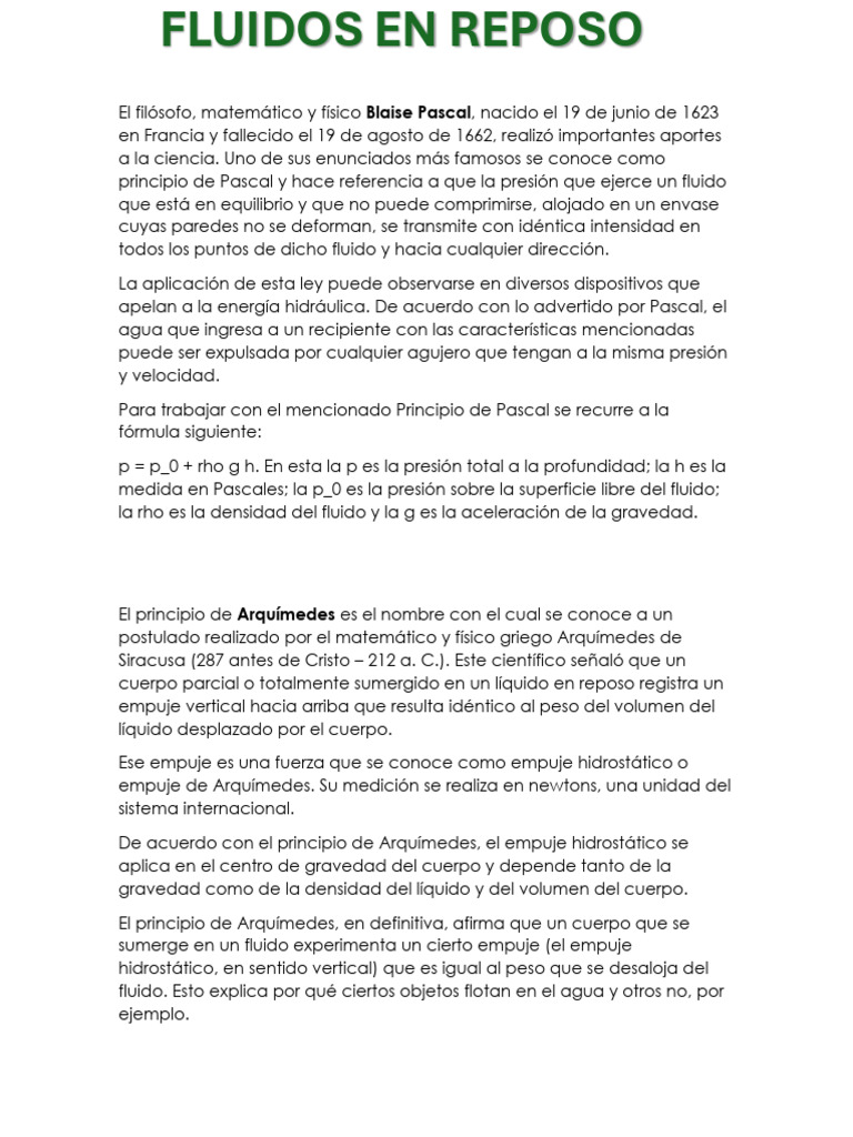 Fluidos en Reposo | PDF | Líquidos | Dinámica (Mecánica)