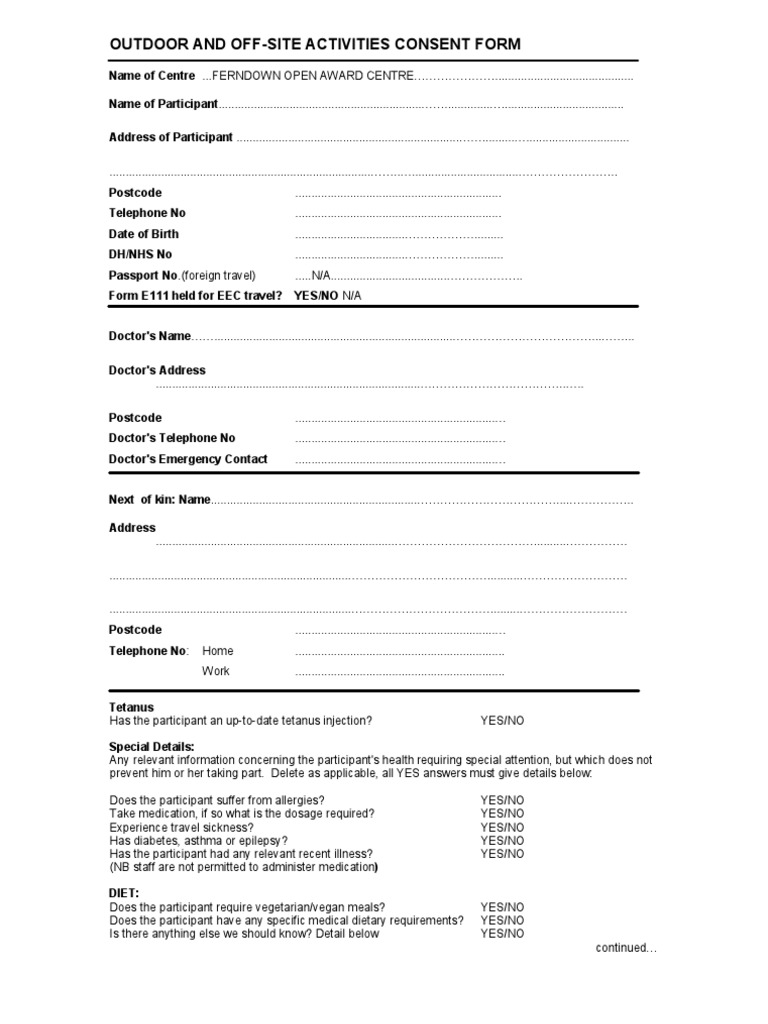 Outdoor Activity Consent Form | PDF | Health Sciences | Health Care