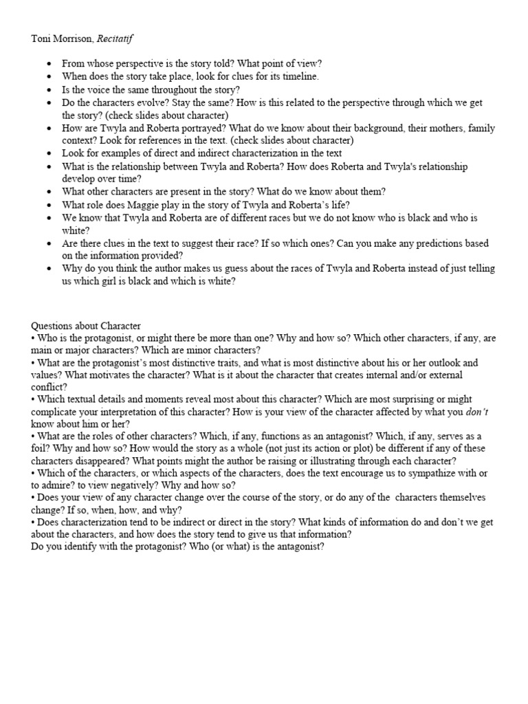 Analyzing Characters in Morrison's Recitatif | PDF | Psychology ...