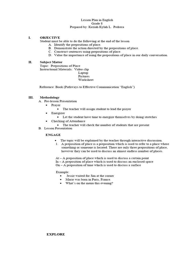 Grade 8 Lesson Plan: Prepositions of Place | PDF | Lesson Plan | Cognition