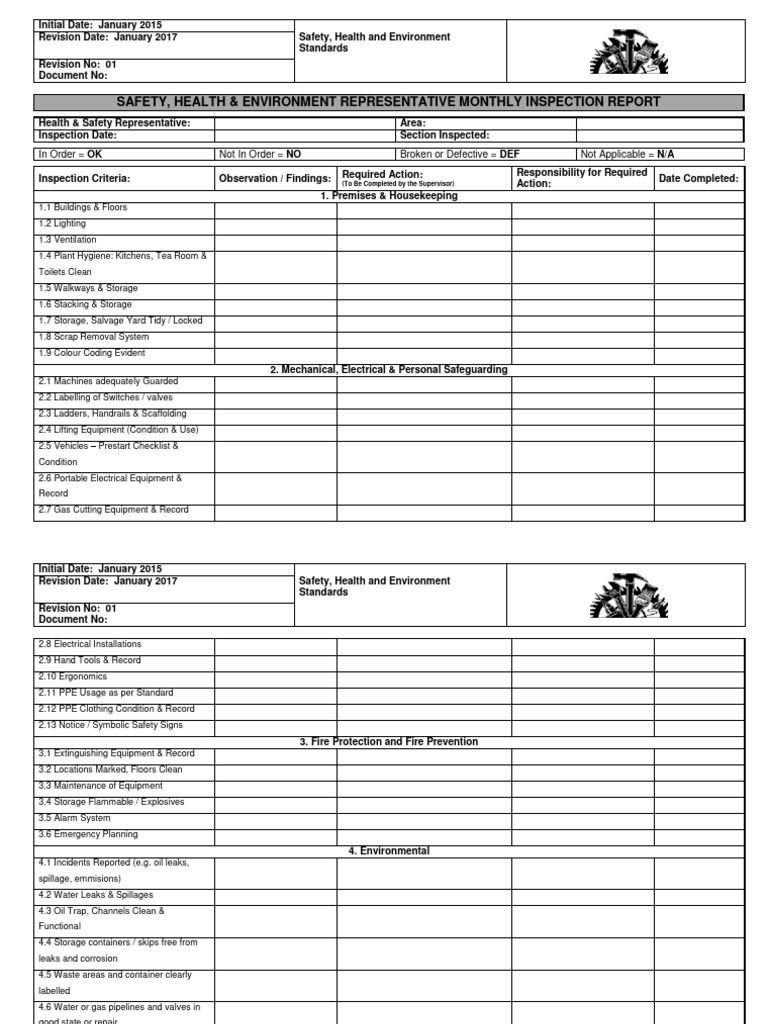 Monthly SHE Inspection Report Template | PDF