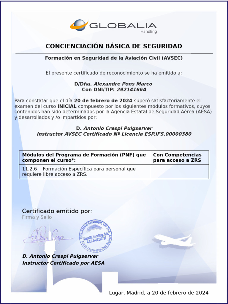 Certificado Curso AVSEC 11.2.6 | PDF