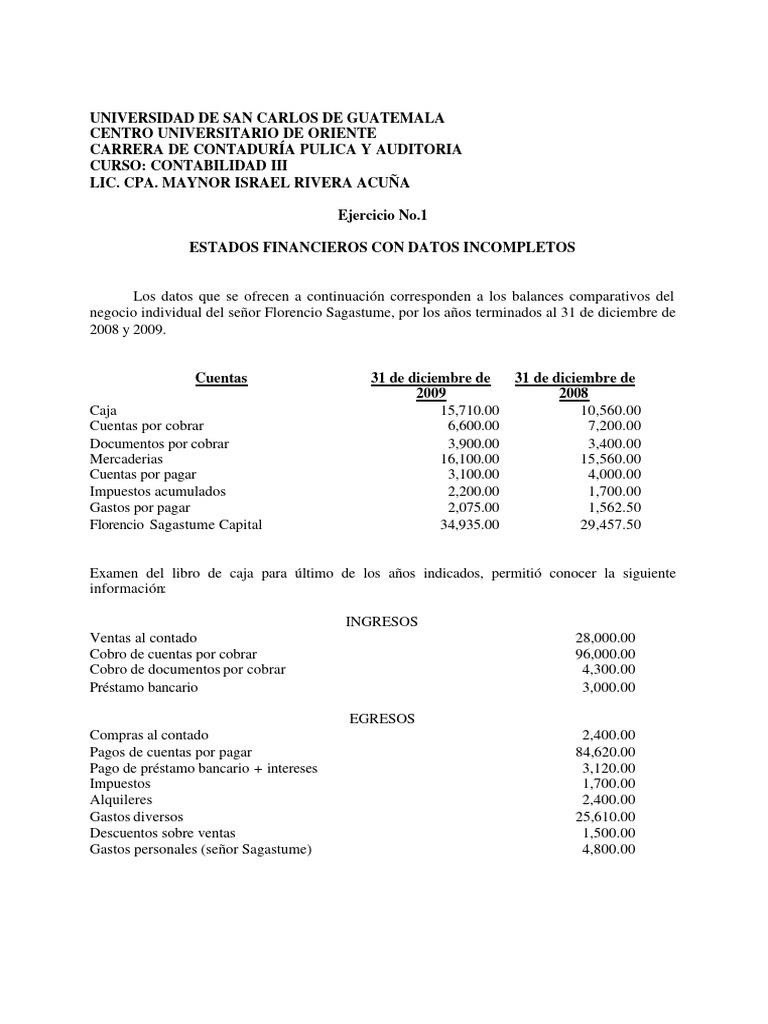 Estados Financieros: Datos Incompletos | PDF | Contabilidad | Estado ...