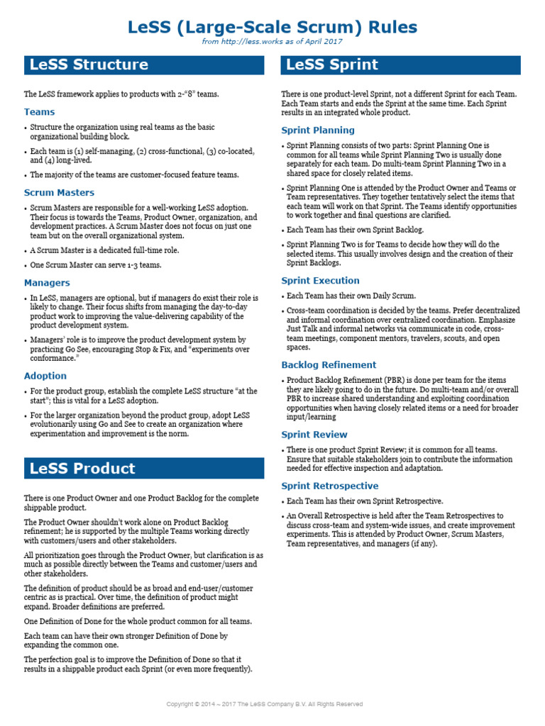 LeSS-and-LeSS-Huge-rules-card | PDF | Scrum (Software Development)
