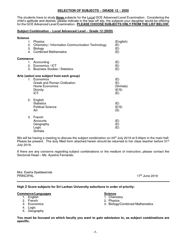 Subject Combination Advanced L 2020 1 | PDF | Science | University And ...